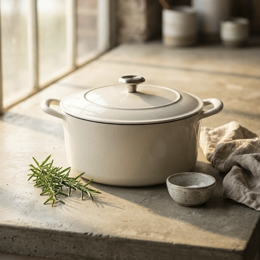 Cream dutch oven by window with rosemary