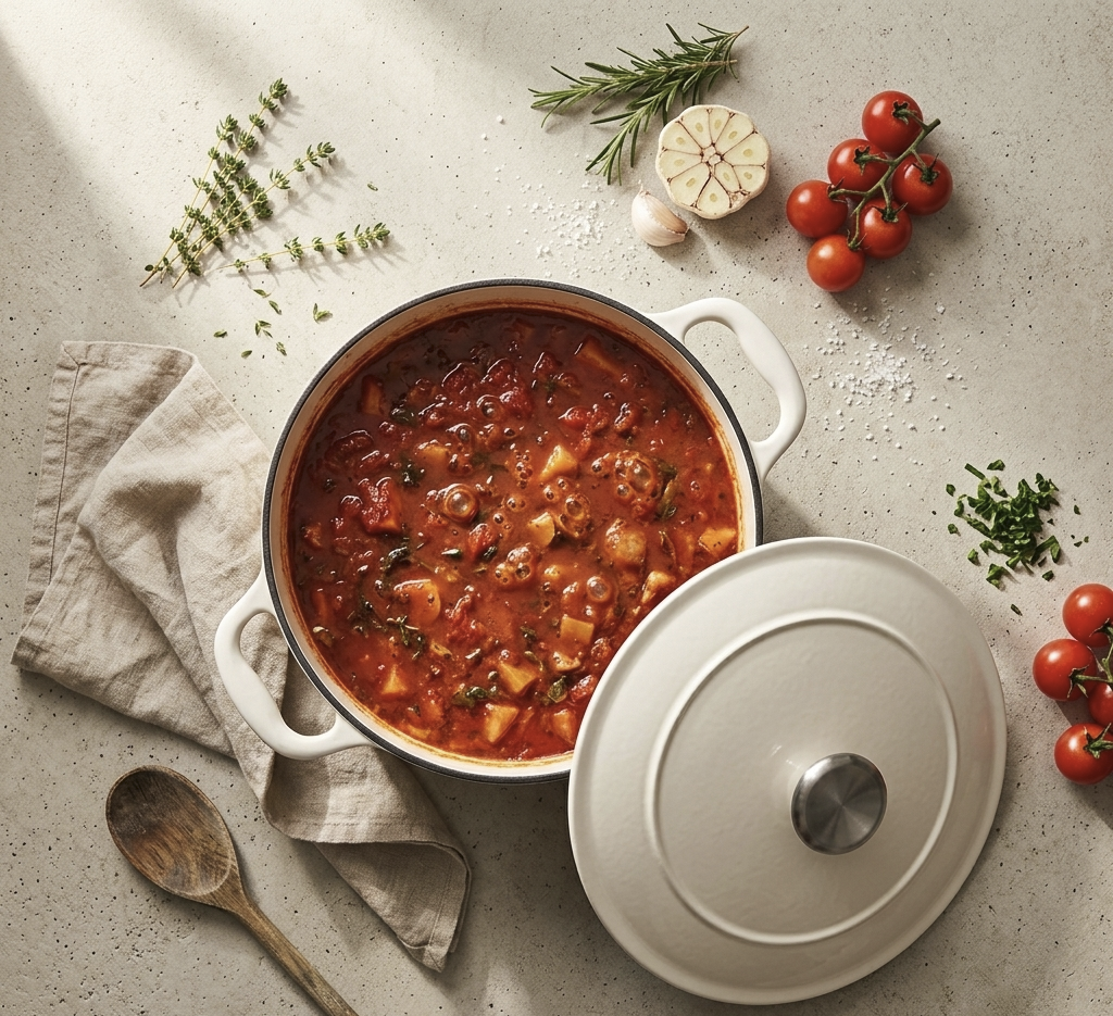 Dutch oven with tomato stew and fresh ingredients