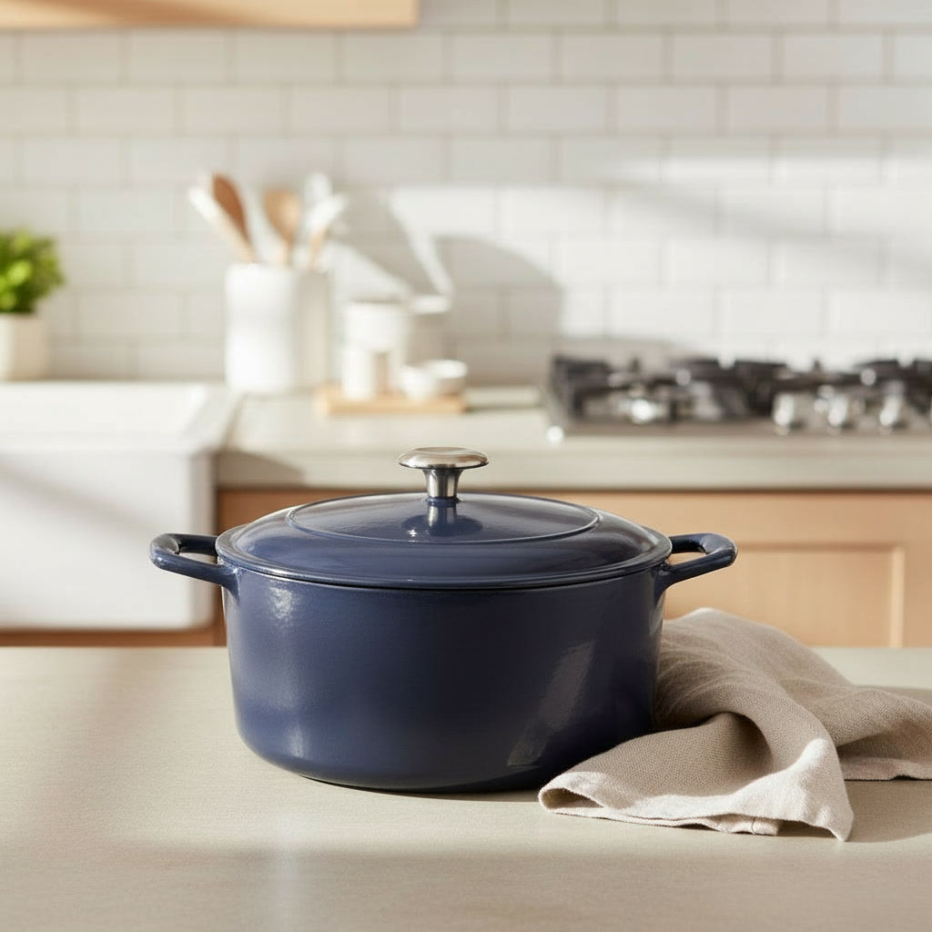 Blue enameled cast iron Dutch oven on a kitchen counter with a neutral color scheme.